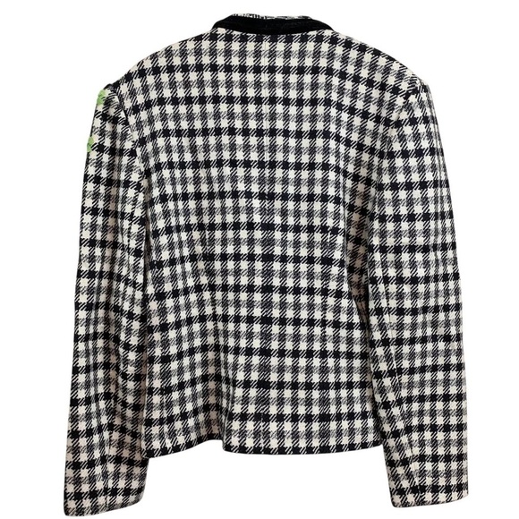 Louis Feraud Wool Gingham Plaid Velvet Trim Buttoned Blazer Jacket Black Ivory 4 - Picture 2 of 8